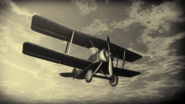 Biplane flying in the sky, vintage style - 3D render